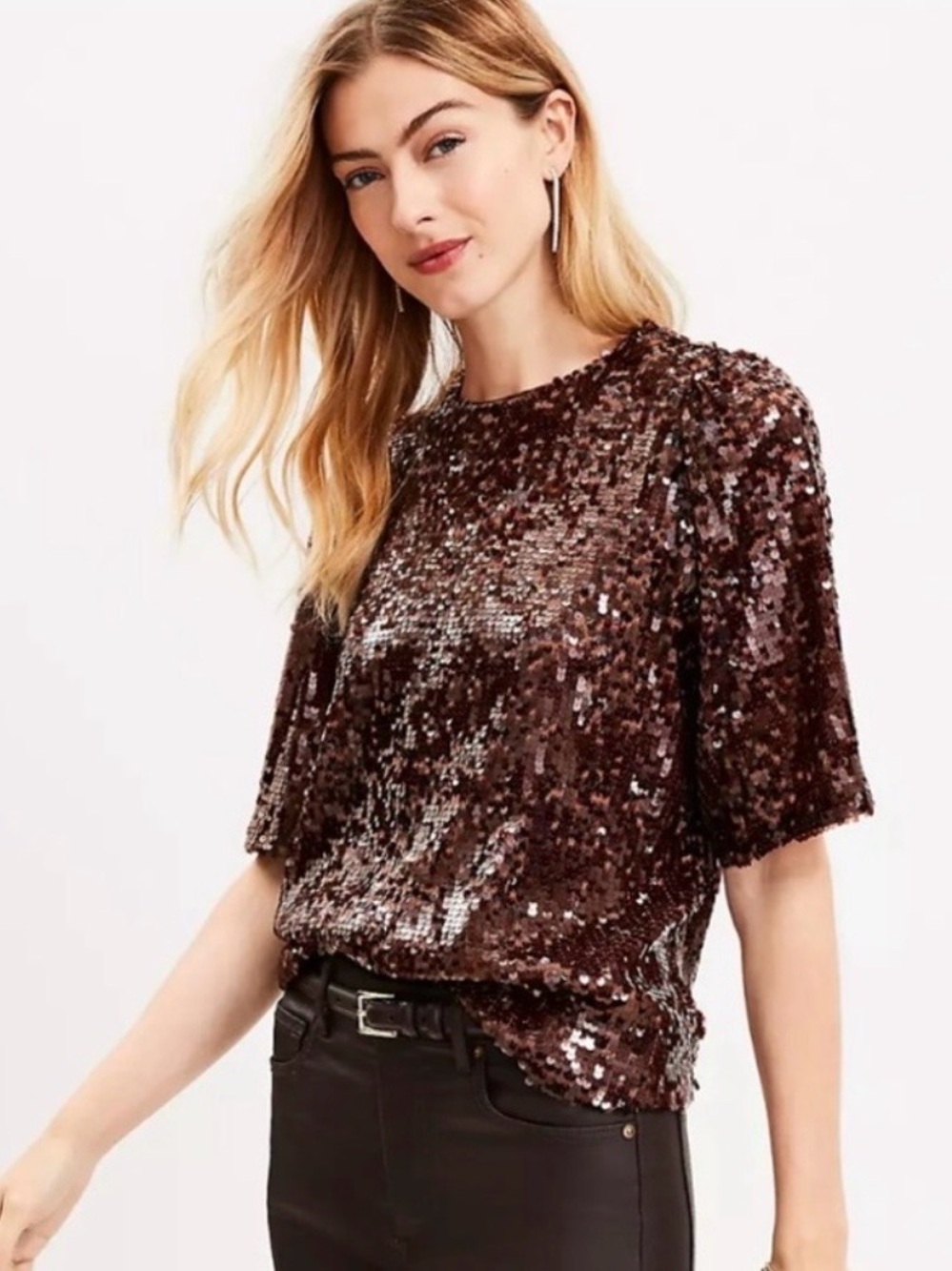 LOFT Sequin Top Blouse Size XL Brown New Short Sleeve NWT